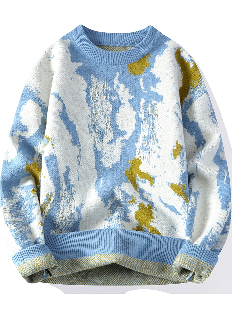 Autumn Winter Trendy Men'S Youth Dye Graffiti Jacquard Sweater Casual Pullover Top - Blue