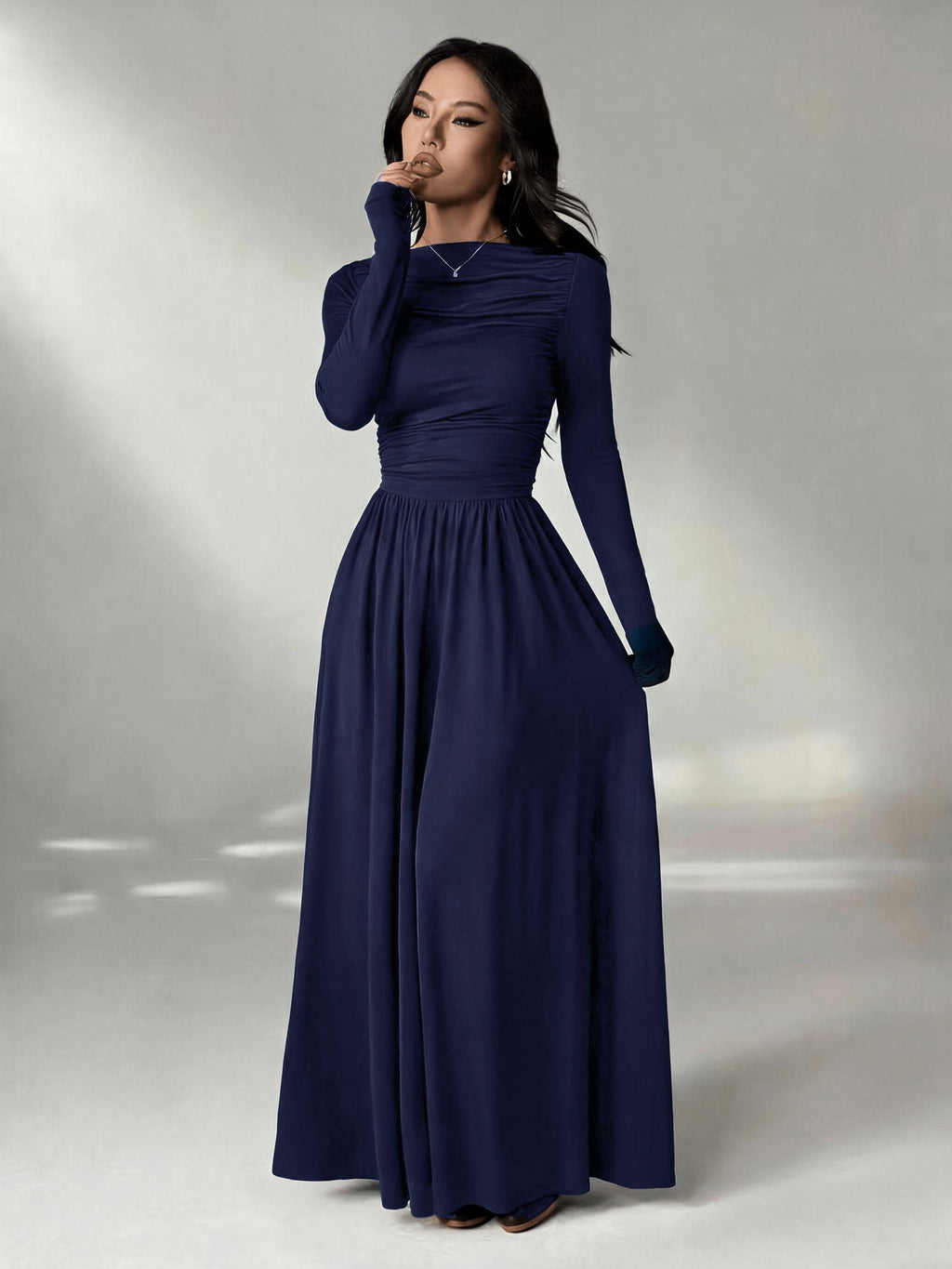 Women'S Solid Color Slim Long Sleeve Dress, Solid Color Dress, Elegant Women'S Thanksgiving Outfit, Graceful Party Gown, Wedding Party Dress, Fashion Evening Dress, Korean Style, Autumn Winter, Women'S Elegant Dress - Navy Color