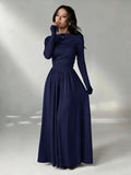Women'S Solid Color Slim Long Sleeve Dress, Solid Color Dress, Elegant Women'S Thanksgiving Outfit, Graceful Party Gown, Wedding Party Dress, Fashion Evening Dress, Korean Style, Autumn Winter, Women'S Elegant Dress - Navy Color