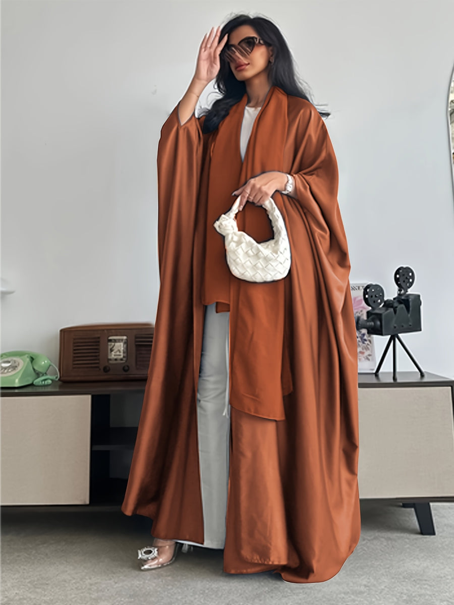 Middle Eastern Muslim Solid Color Loose Robe with Batwing Sleeves, Long Dubai Cardigan with Headscarf - Brick Red