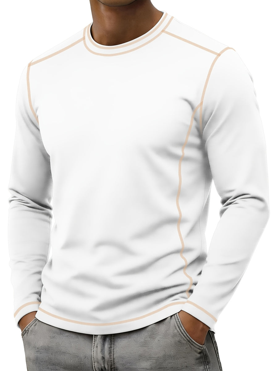 Men's Retro Patchwork T-Shirt - Solid Color Base with Contrast Patch Suitable for Fall/Winter, Round Neck Long Sleeve Casual Layering Top, Machine Washable Blending Shirt for Outdoor & Casual Attire (Regular Fit) - White
