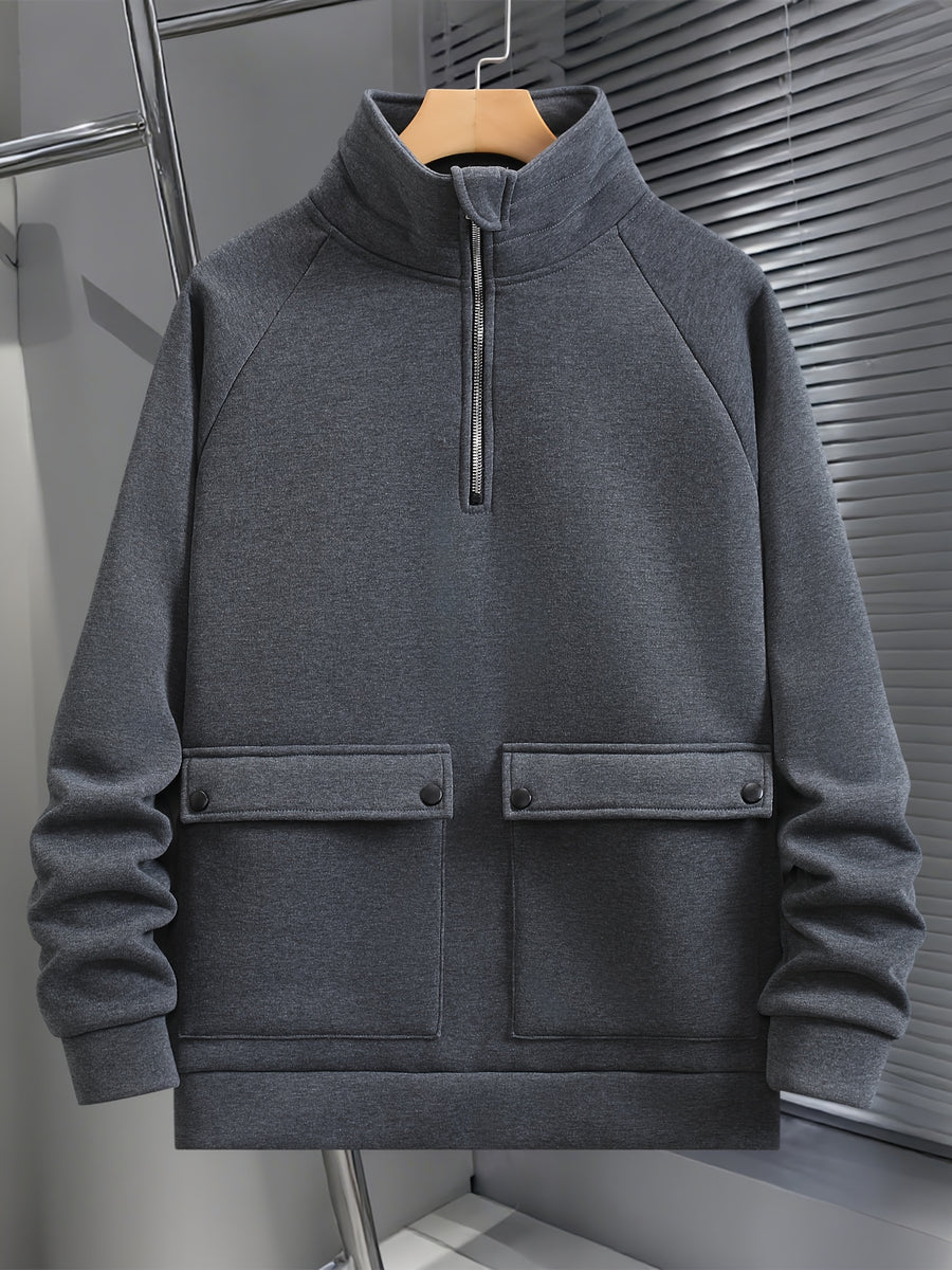Men's Fashion Raglan Sleeve Sweatshirt with Half-Zip Open Neckline, Autumn/Winter Casual Versatile Long-Sleeve Sweatshirt - Dark Gray