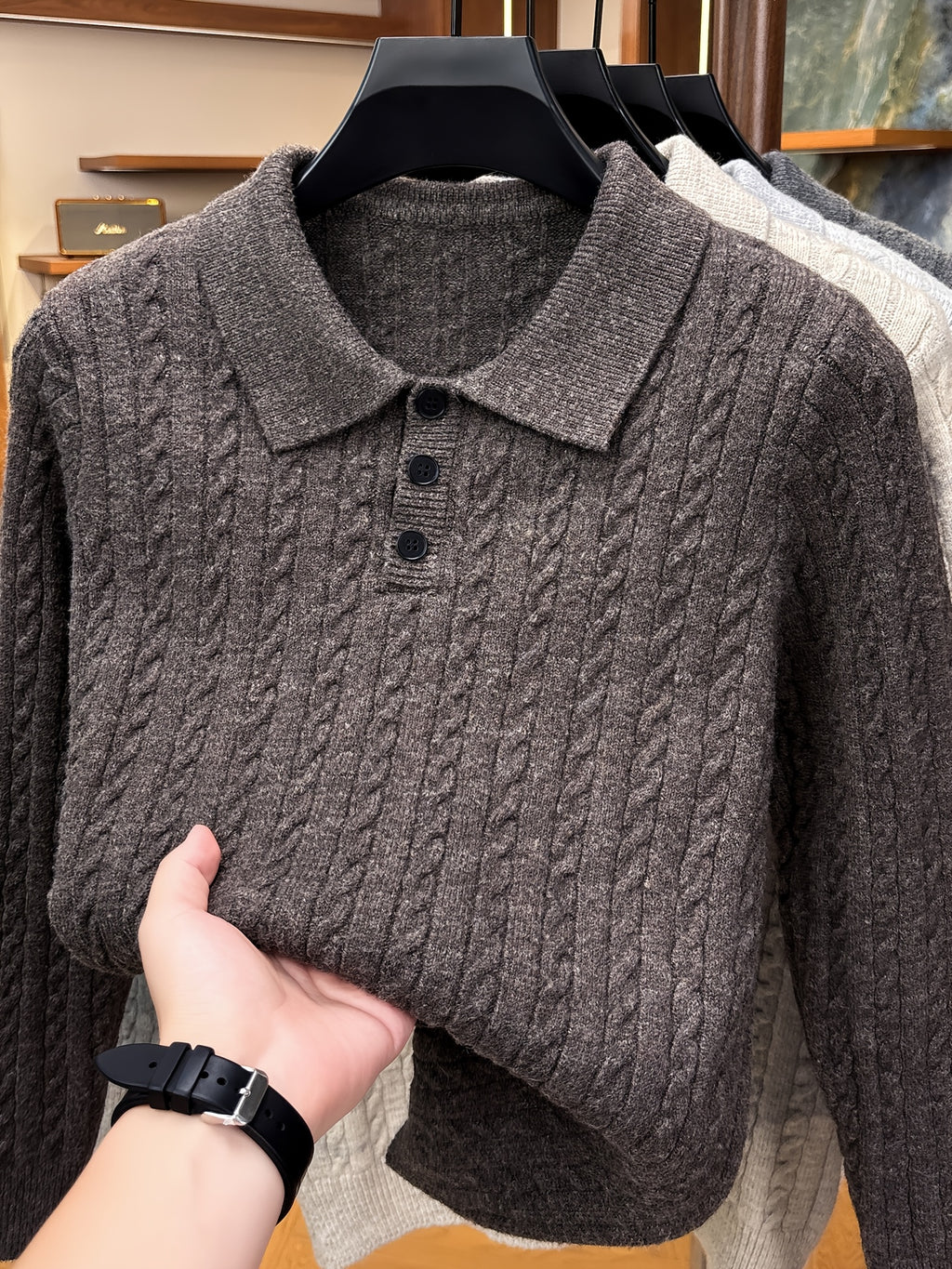 Men's Lapel-neck Autumn/winter Warm Sweater, Classic Cable Knit Texture with Soft, Skin-friendly Fabric, Casual and Fashionable Everyday Knitwear - Coffee Color