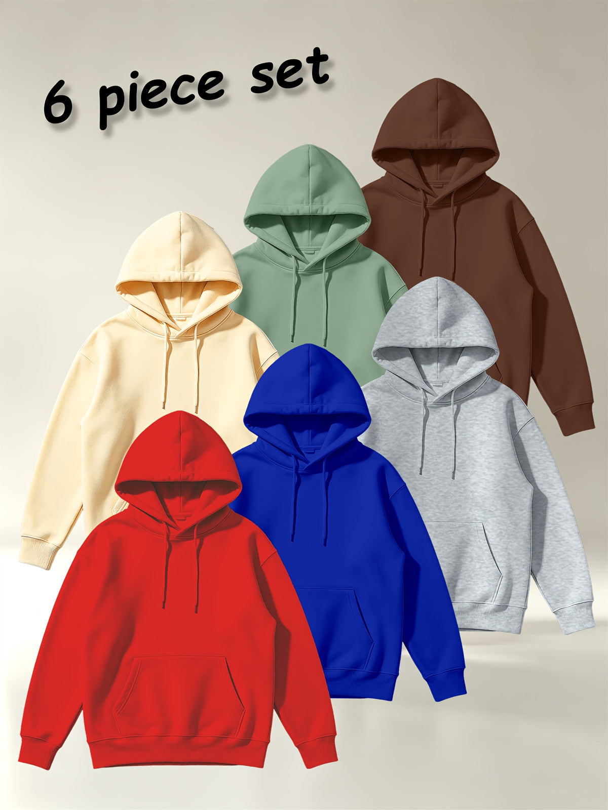 [Villa Joy Water OBM] 6pcs Set Solid Color Basic Hooded Sweatshirt Set Unisex Multi-Color Loose Pullover with Kangaroo Pocket Basic Style Autumn Winter Hoodie Combination - Red+Royal Blue+Light Gray+Apricot+Light Green+Brown