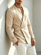 Men's V-neck Long Sleeve Shirt, New Early Autumn Solid Color Casual Top, Comfortable and Breathable, Easy to Care for, Suitable for Daily Commuting, Versatile Street Fashion Long Sleeve V-neck Shirt - Khaki