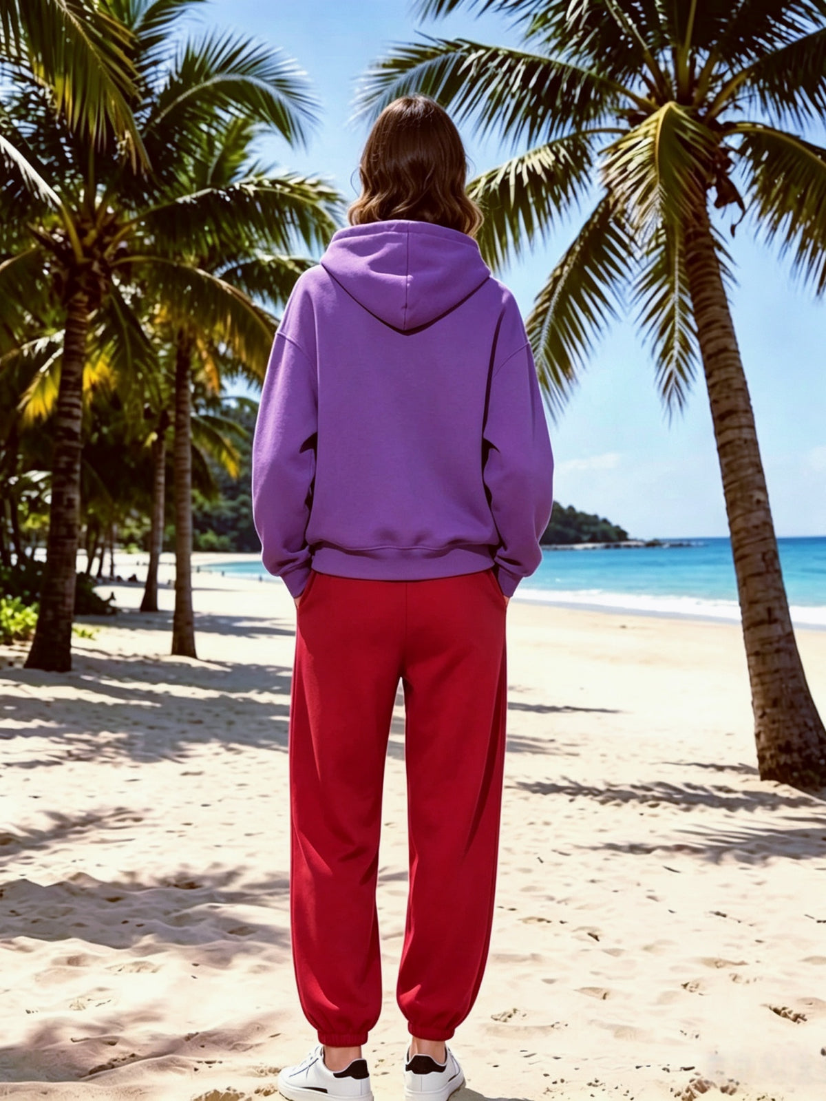 Lazy Style Loose Sweatshirt and Sweatpants Set, Long Sleeve Hooded Top and Jogger Pants, Daily Running Sportswear - Purple hoodie + red sweatpants