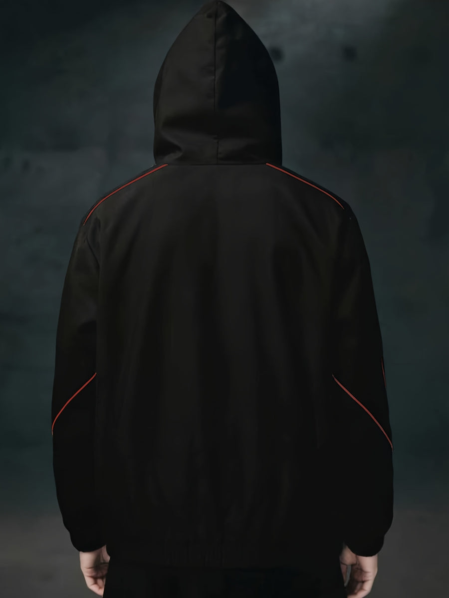 Men'S Casual Contrast Striped Jacket, Hooded Zip-Up. Comfortable Fit, Fashionable Jacket Coat - Black&Red