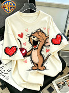 Official Warner Bros. T-shirt Featuring a Print of a Classic Character Laughing While Holding a Cherry; Men's 100%, Comfortable, Versatile, and Loose-fitting Short-sleeve Summer Tee-suitable for Outdoor Activities and Casual Attire. - Apricot