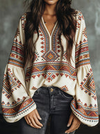 Bohemian Ethnic Print V-neck Blouse | Vintage Loose Fit Long Sleeve Top for Women, Spring/Summer - Apricot