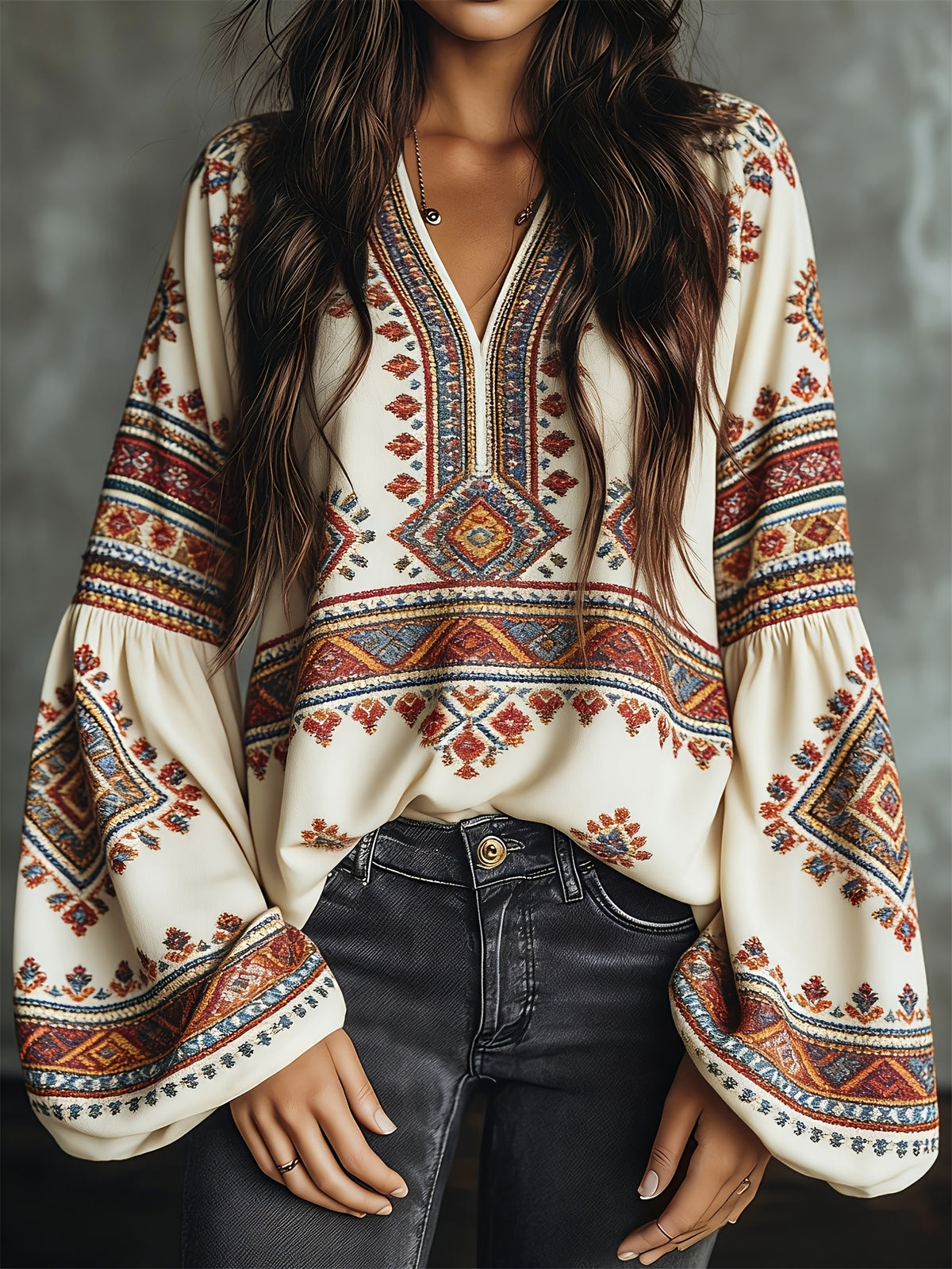 Bohemian Ethnic Print V-neck Blouse | Vintage Loose Fit Long Sleeve Top for Women, Spring/Summer - Apricot