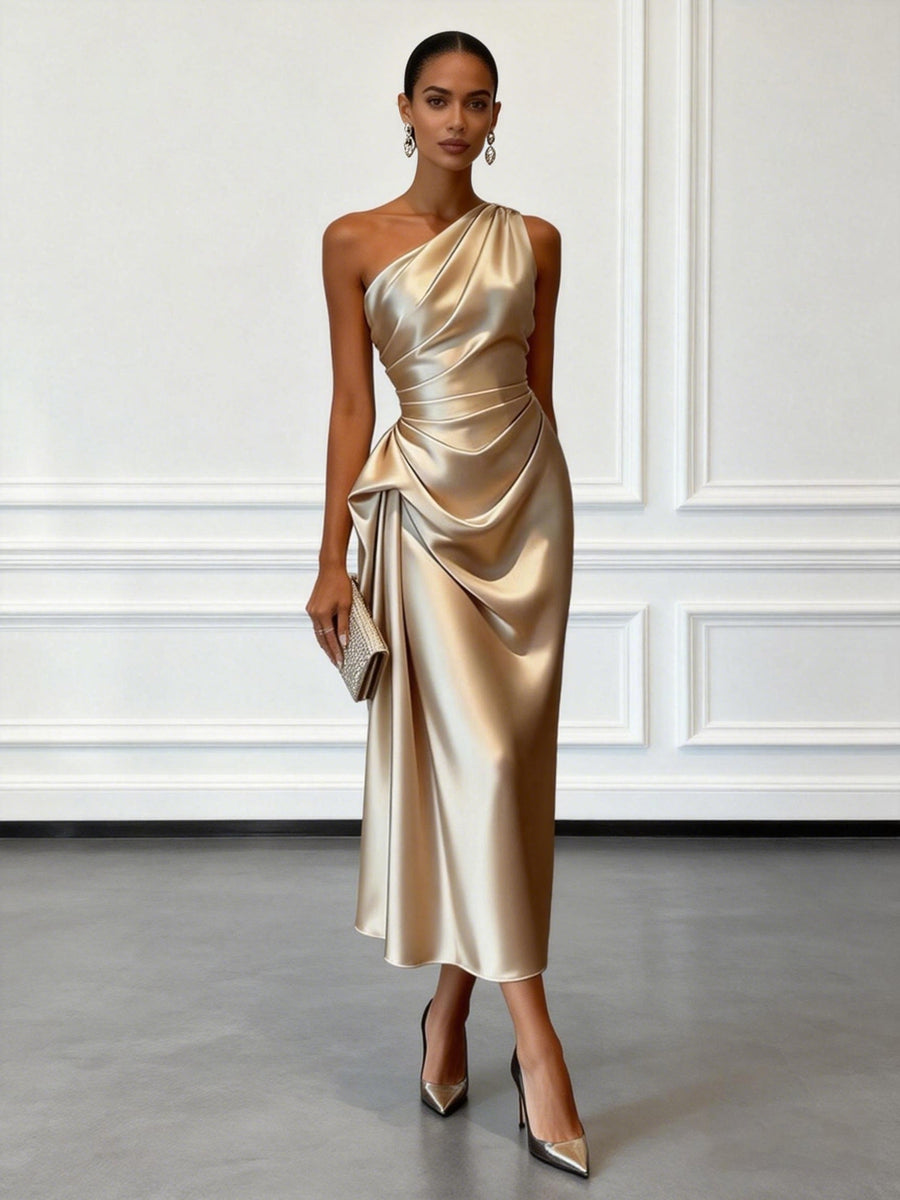 Elegant Champagne Off-Shoulder Satin Evening Dress - Single Shoulder Strap Bodycon Midi Gown with Waist Pleats, Machine Washable Suitable for Weddings, Proms, Galas & Special Occasions - Champagne