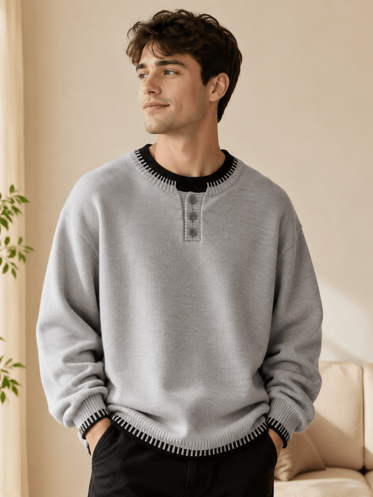 Men's and Women's Casual Sweater, Trendy Versatile Winter Henley Collar 2-in-1 Look Knit Top and Inner Base Layer, JKXN-1171 - Grey
