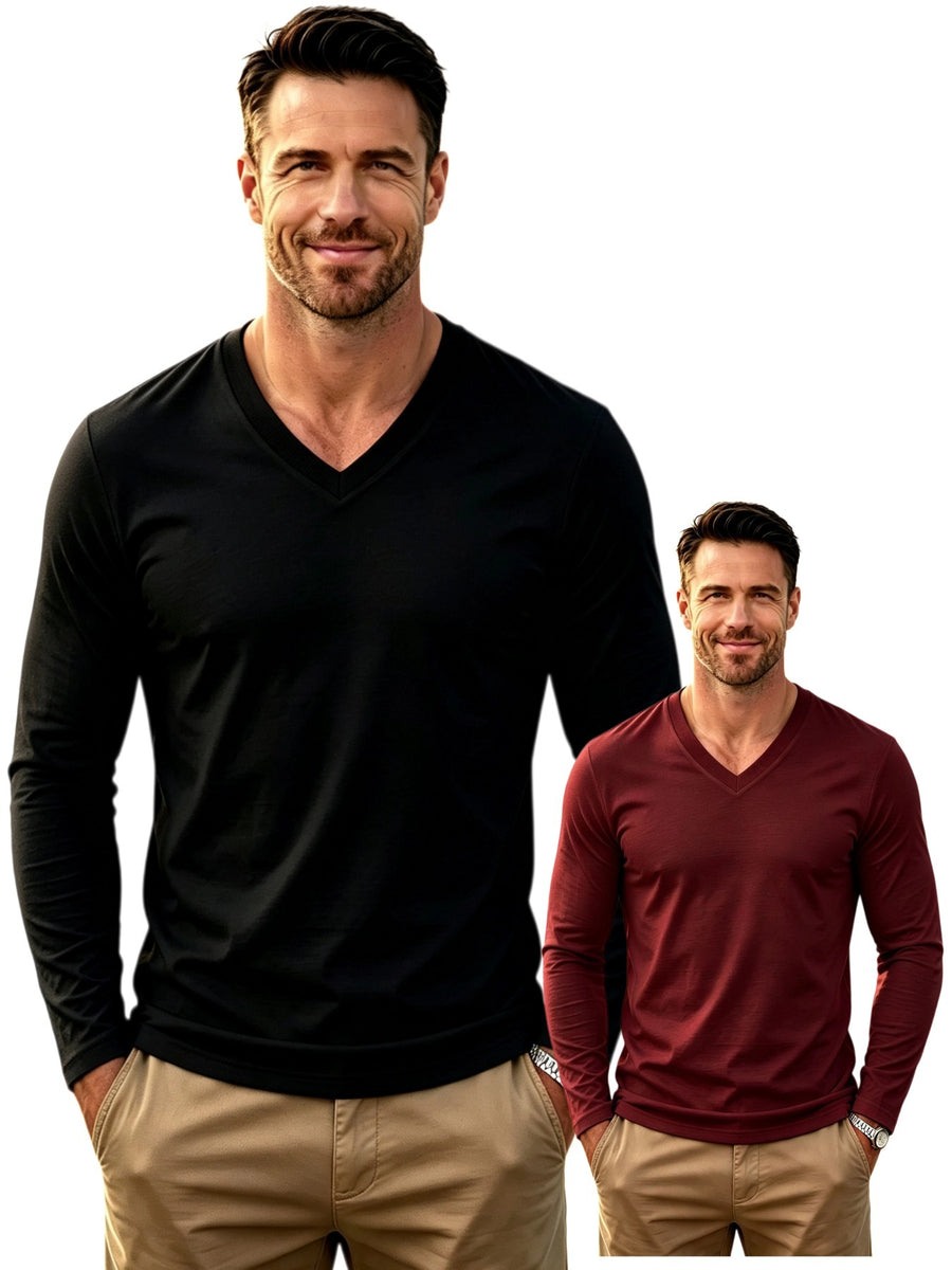100%, 2pcs Men'S V-Neck Long Sleeve T-Shirts, Men'S Knit Sweatshirts, Casual Athletic Ribbed Neck Tops - Black + Wine Red