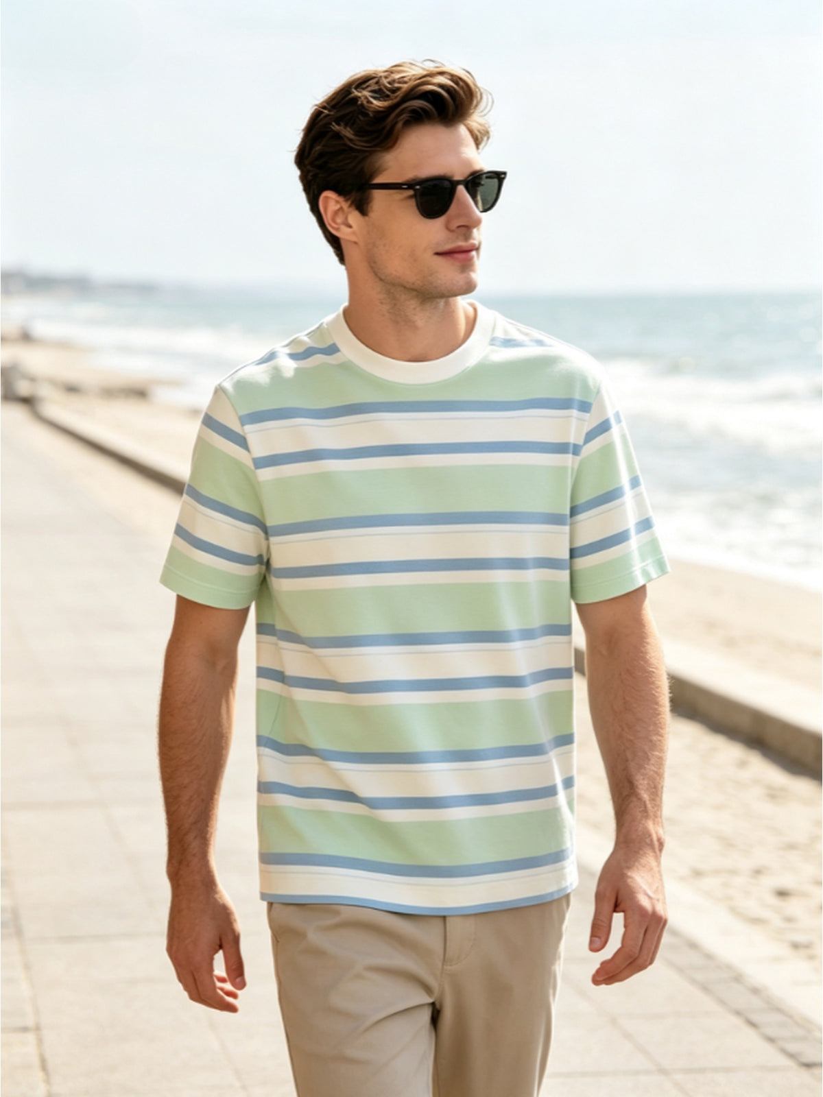 [Printed Design-Not Textured] Men'S Round Neck Short Sleeve T-Shirt, Fresh Color-Block Horizontal Stripes Top, Machine Washable Casual Daily Basic - Mixed colors