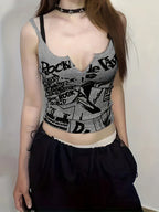 Women'S Summer Punk Print Crop Top with Stretchy Fabric, Perfect for Layering Or Wearing Alone - Grey