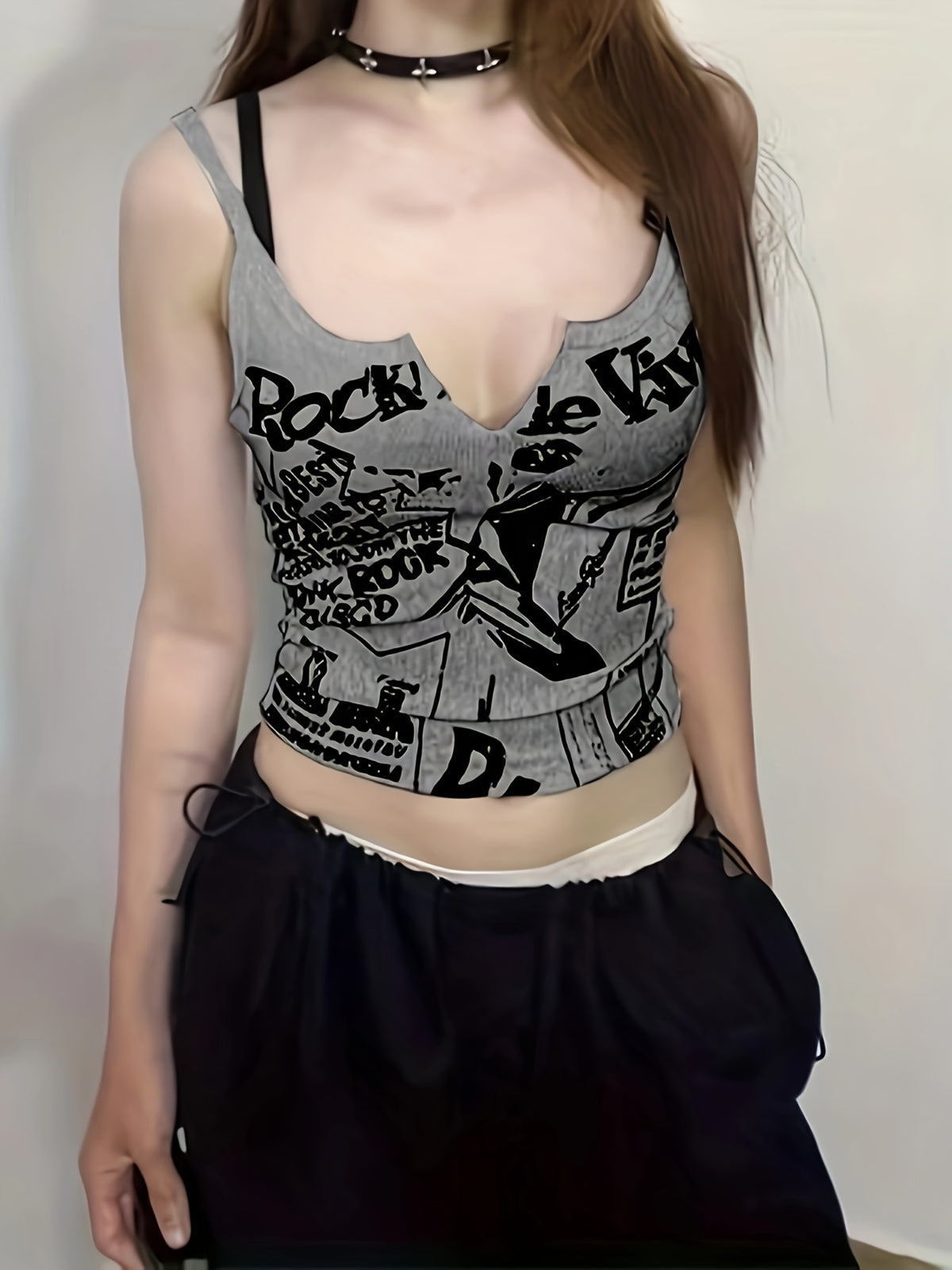 Women'S Summer Punk Print Crop Top with Stretchy Fabric, Perfect for Layering Or Wearing Alone - Grey