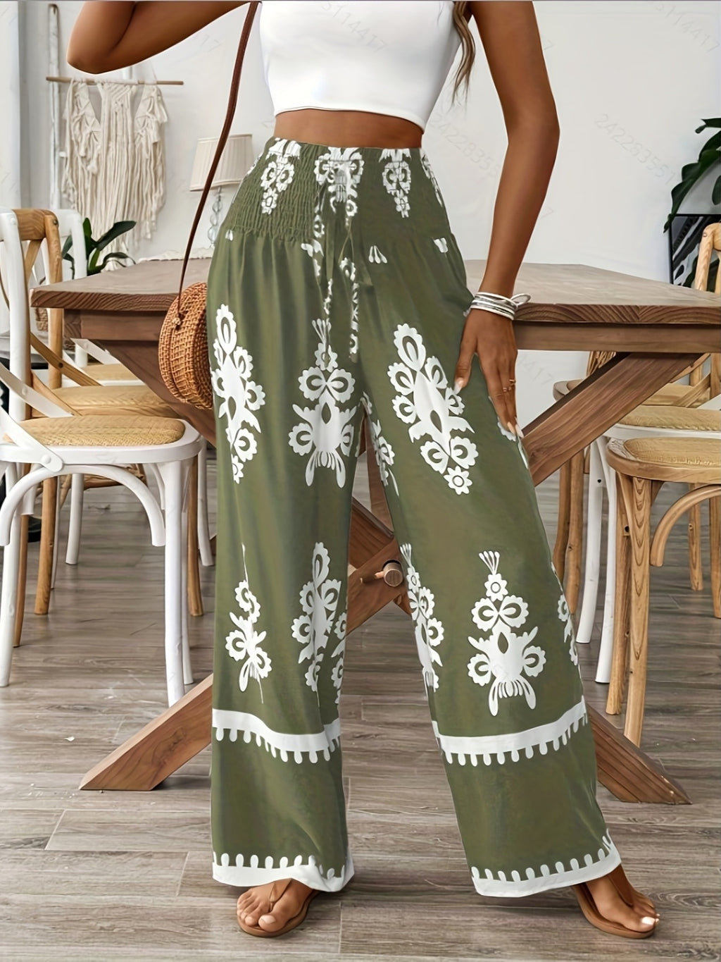 Floral Waist-Tie Fashion Casual Printed Pants, Women's Long Wide-Leg Trousers - Olive