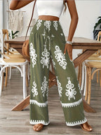 Floral Waist-Tie Fashion Casual Printed Pants, Women's Long Wide-Leg Trousers - Olive