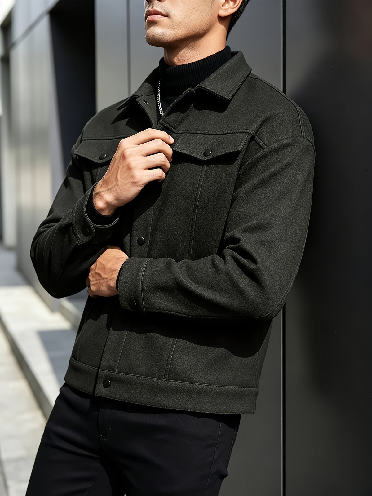 Autumn Winter Men'S Short Jacket Loose Lapel Cargo Coat Youth Solid Color All-Match Casual Top - Black