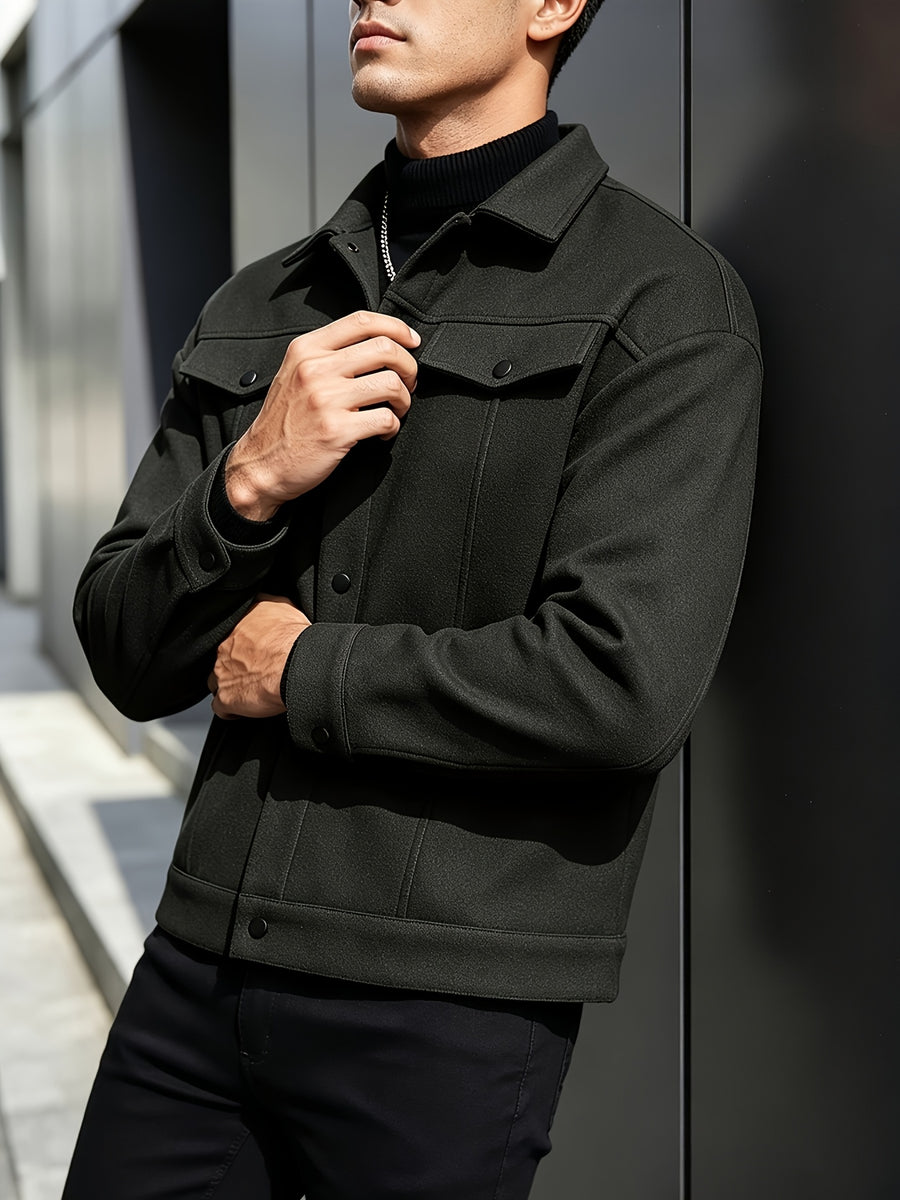 Autumn Winter Men'S Short Jacket Loose Lapel Cargo Coat Youth Solid Color All-Match Casual Top - Black