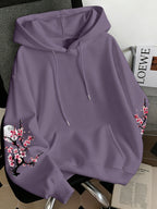 Women'S Fashion Cherry Blossom And Letter Print Casual Hooded Sweatshirt - Light Purple