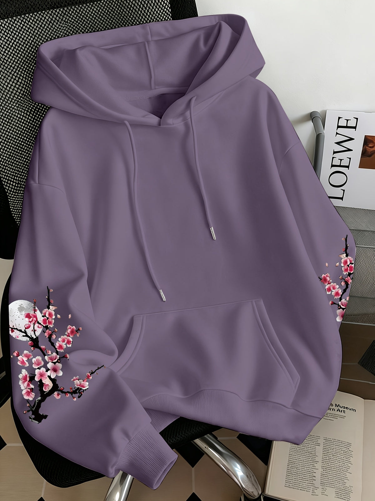 Women'S Fashion Cherry Blossom And Letter Print Casual Hooded Sweatshirt - Light Purple