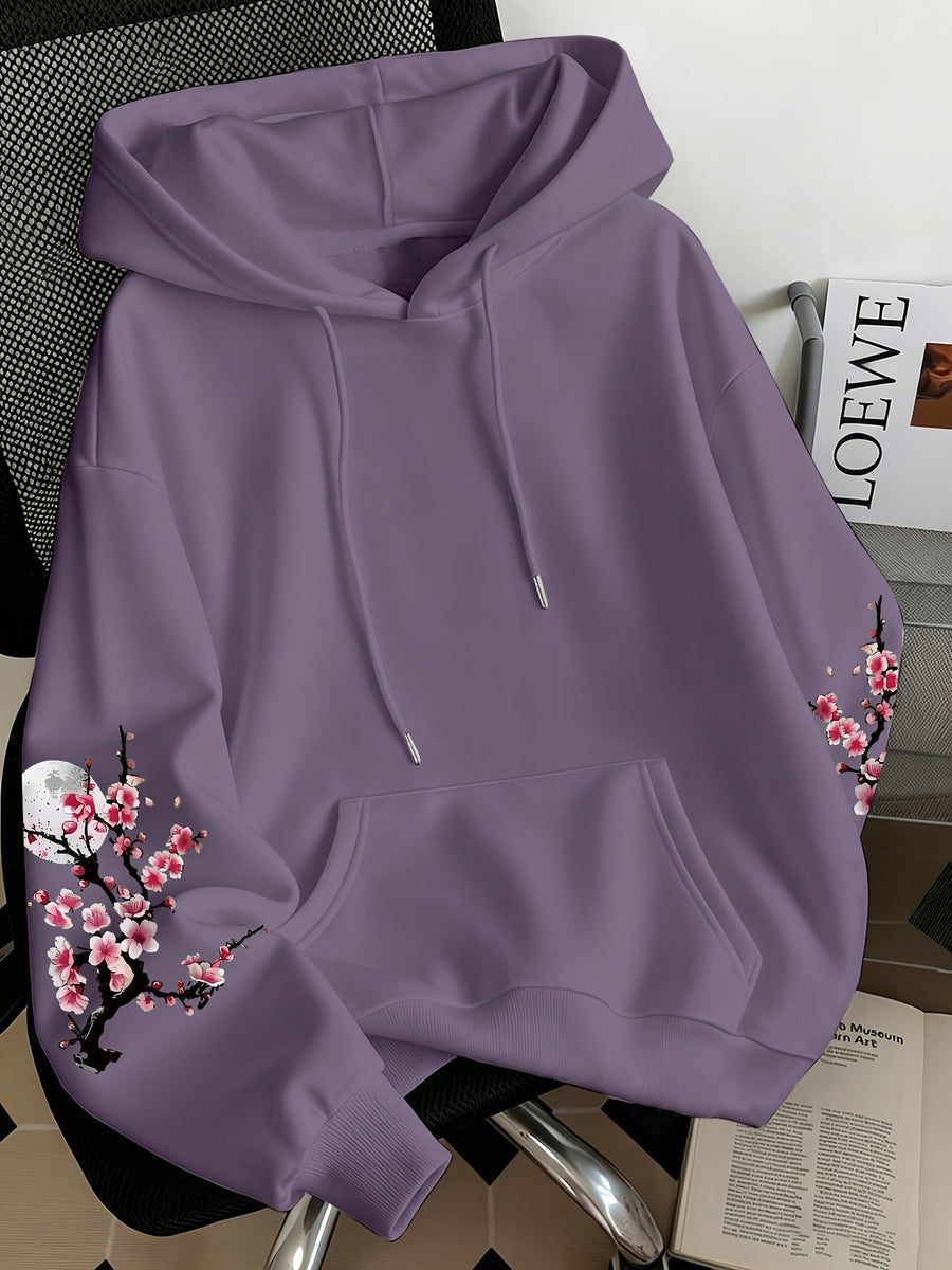 Women'S Fashion Cherry Blossom And Letter Print Casual Hooded Sweatshirt - Light Purple