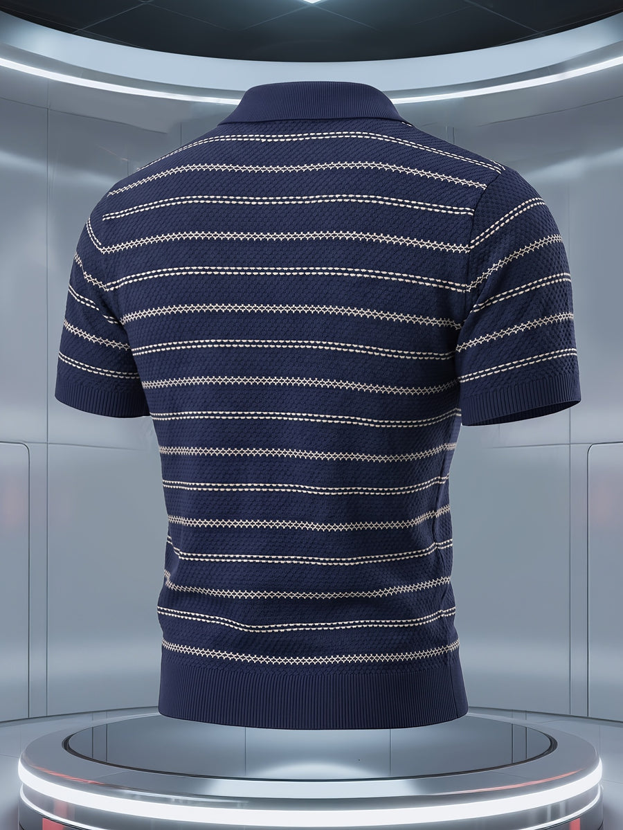 Men'S Knit Short-Sleeve Polo Shirt, Striped Jacquard with Dark Textured Design, 3-Button Hidden Collar Patch, Contrast Striped Accents, Light Luxury High Quality, Lapel Golf Top, Classic Striped Contrast Collared Knit Short Sleeve - Navy Color