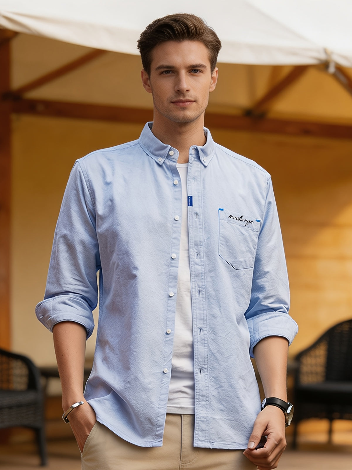 Spring/Autumn Men'S Oxford Cloth Collared Shirt, Individual Chest Print Long Sleeve Blouse, Slimming Outdoor Casual Top, Youth Versatile Commute Light Business Men'S Basic Shirt - Light Blue