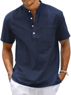 Men'S Summer Henley Collar Short Sleeve T-Shirt, Stand-Up Collar Casual Top, Breathable Linen, for Pool Parties, Beach Vacations, Ideal Choice for Beachwear Gifts - Navy Color