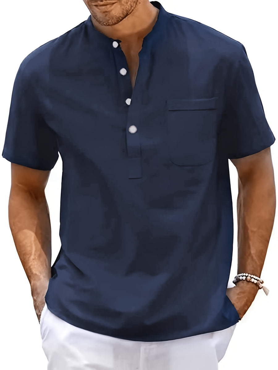Men'S Summer Henley Collar Short Sleeve T-Shirt, Stand-Up Collar Casual Top, Breathable Linen, for Pool Parties, Beach Vacations, Ideal Choice for Beachwear Gifts - Navy Color