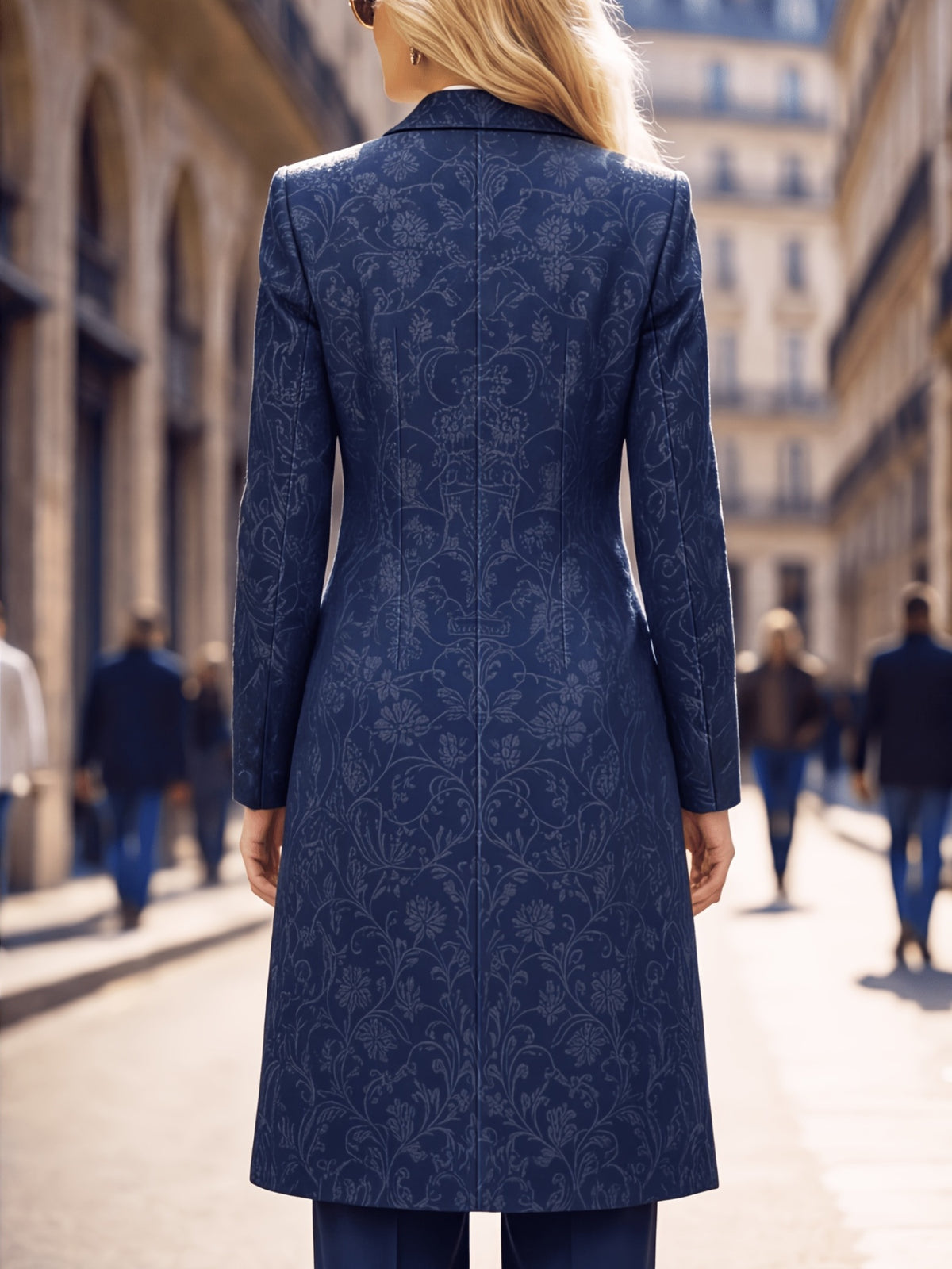 Women'S Spring Autumn New Vintage Printed Long Blazer, Double-Breasted Coat with Lining And Pockets - Purplish Blue