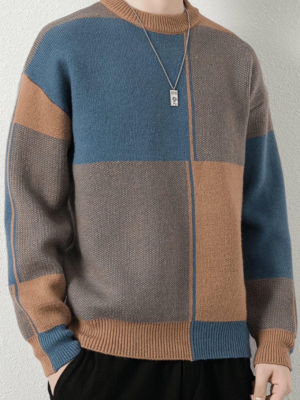 Men's Pullover Sweater, Men's Knitwear Top, Men's Autumn/Winter Winter Clothing, Autumn Apparel - 10719 Net-WE6812 Khaki Blue