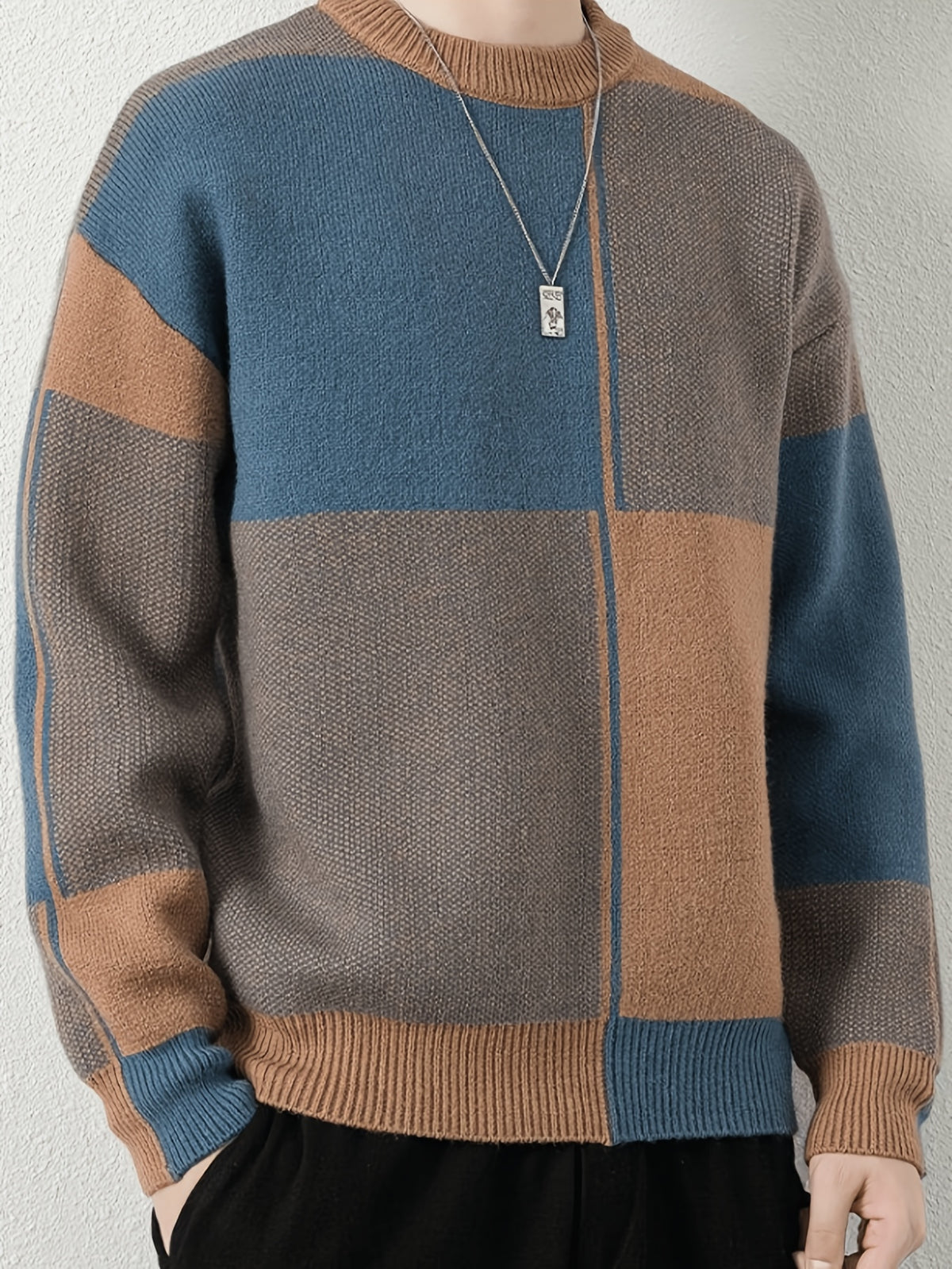 Men's Pullover Sweater, Men's Knitwear Top, Men's Autumn/Winter Winter Clothing, Autumn Apparel - 10719 Net-WE6812 Khaki Blue