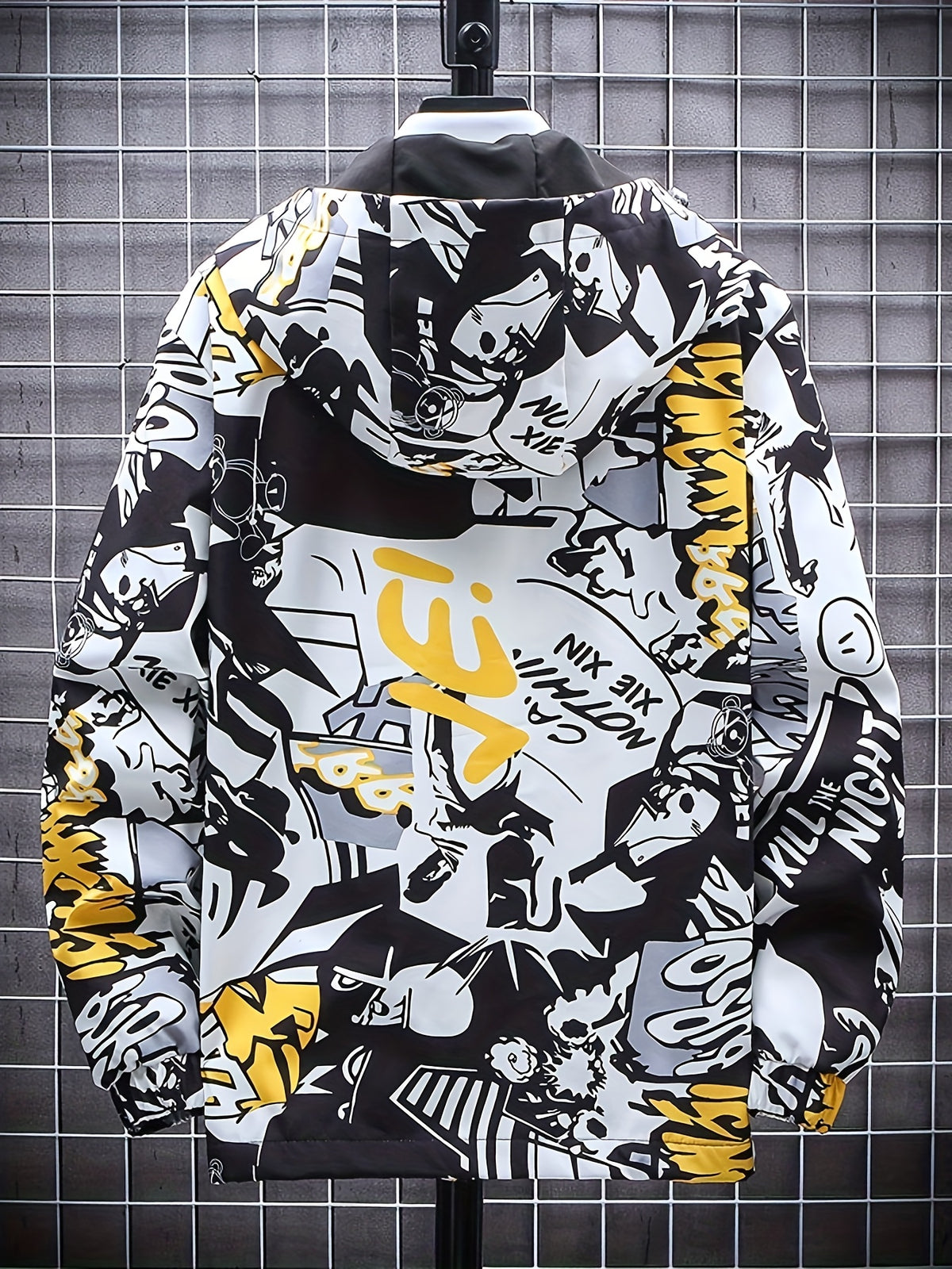 Spring And Autumn Men's Fashion Graffiti Mid Length Windbreaker Popular Hooded And Handsome Men's Jacket Popular Versatile Men's And Women's Same Windbreaker Jacket - Black