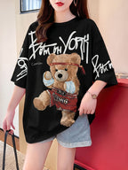 Summer New Large Size Loose Fashion Trend Slim Cartoon Round Neck Print Ladies Women'S Medium And Long Short-Sleeved T-Shirt Clothes - Black