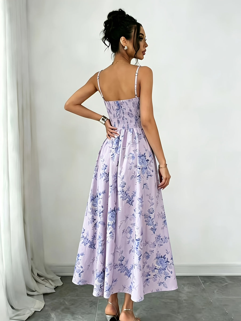 Elegant Printed Bohemian-style High-slit Zipper Dress for Women, Suitable for Weddings, Spring/summer Vacations, and Other Occasions, Elegant and Charming - Purple