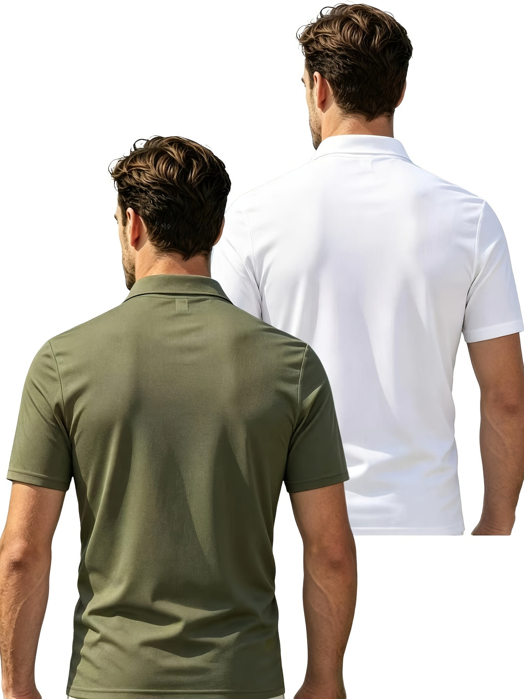2pcs Men'S Short Sleeve Casual Athletic Polo Shirt Set, Zipper Collar, Comfortable And Breathable, Original Design - Army Green Plus White