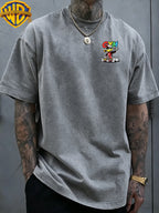 Warner Bros. Officially Authorized Fitness Cartoon Duck Holding Dumbbell Print Retro Washed Distressed Short Sleeve T-Shirt Unisex Machine Washable Daily Commuting Outdoor Sports Casual Top - Grey