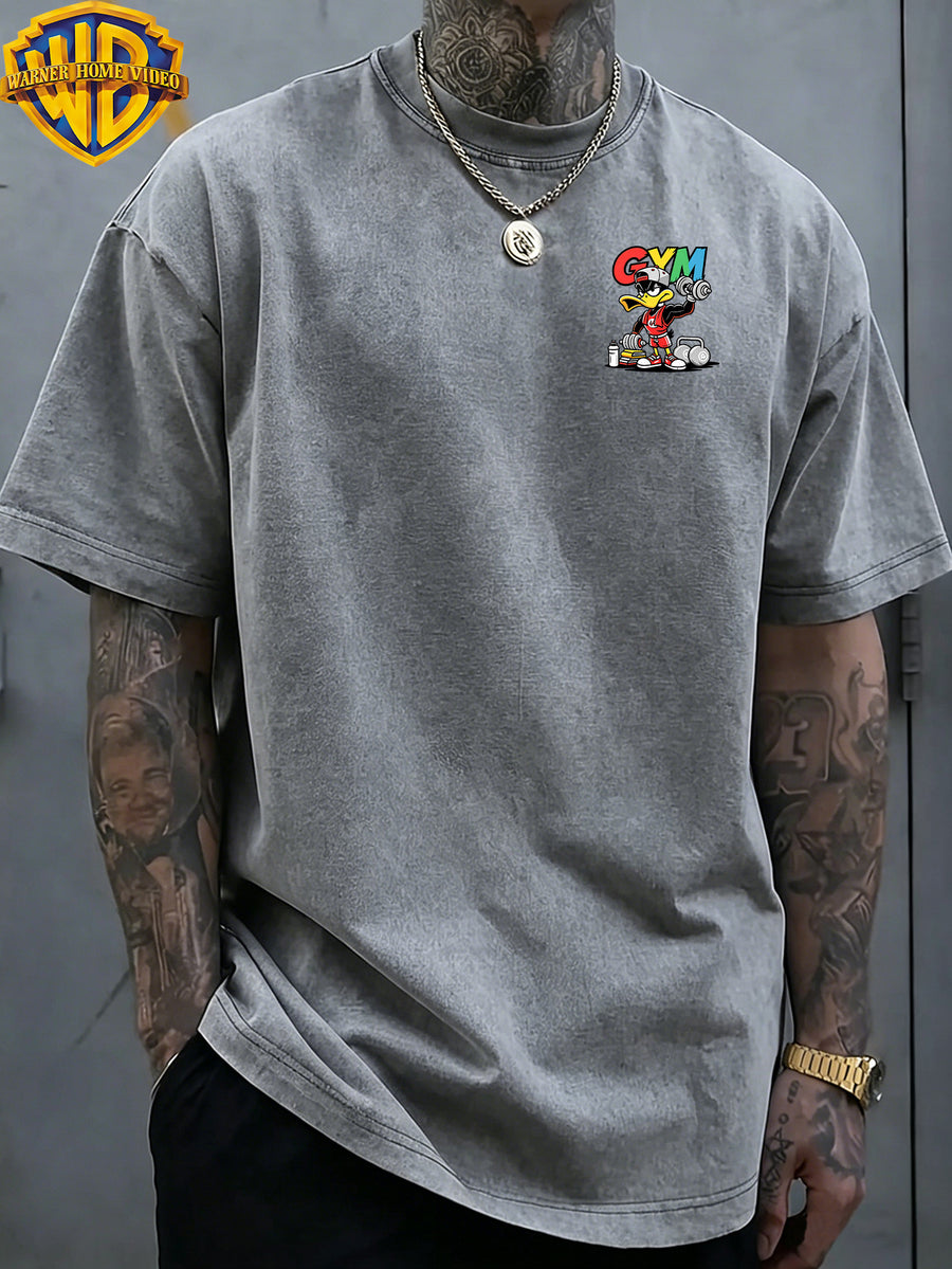 Warner Bros. Officially Authorized Fitness Cartoon Duck Holding Dumbbell Print Retro Washed Distressed Short Sleeve T-Shirt Unisex Machine Washable Daily Commuting Outdoor Sports Casual Top - Grey
