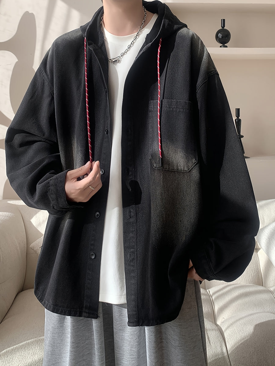 Men's High Street Hooded Denim Jacket, Men's Washed and Distressed Design, Denim Hooded Top, Couple's Long Sleeved Jacket Top - Black