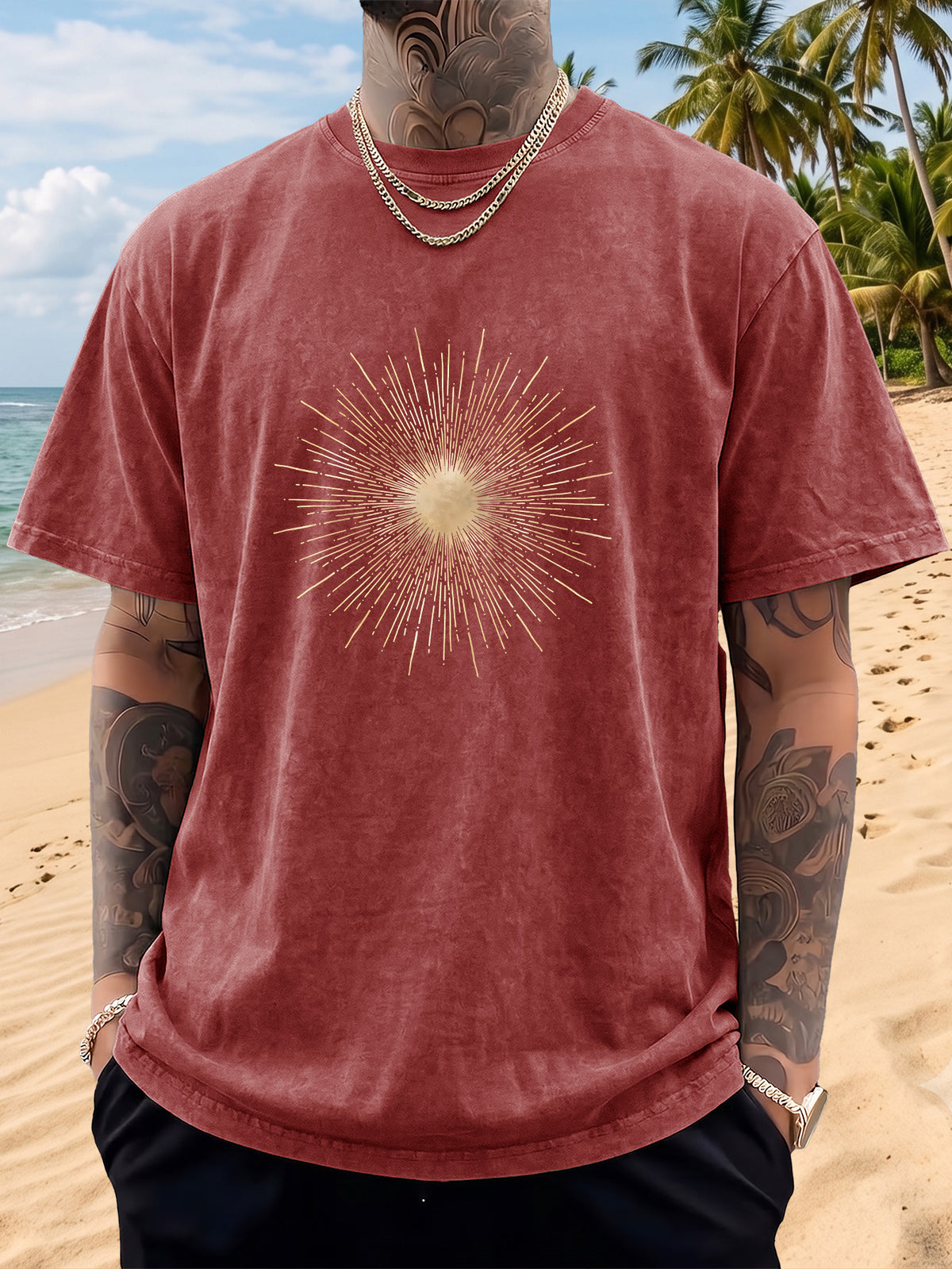 Men's Short-Sleeve T-Shirt, Pure Cotton, Loose Fit, Washed and Distressed, Sunburst Starlight Pattern, Trendy Reverse Double-Sided Print, Multiple Colors for Mix and Match, American Streetwear Hip-Hop High Street Top, for Daily Outings - Burgundy