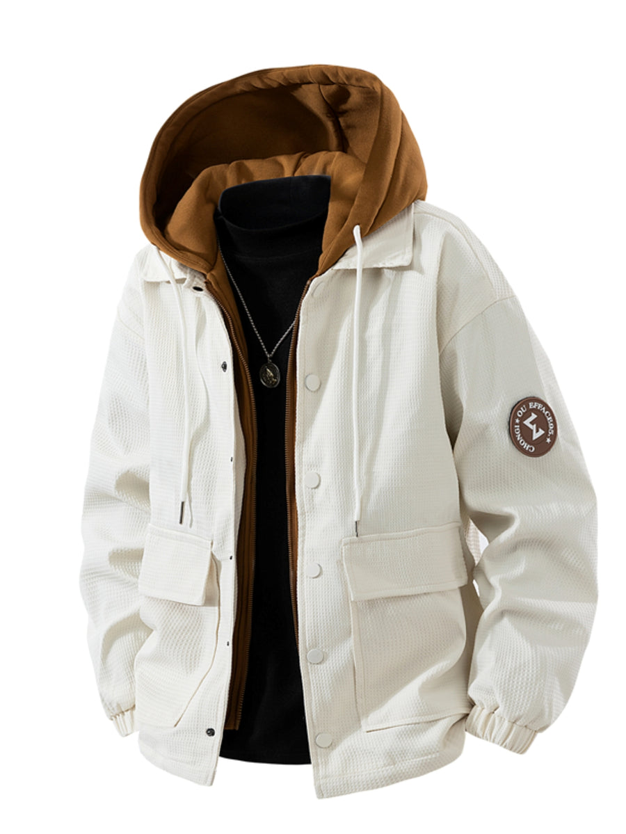 Spring Autumn New Men'S Hooded Color-Block Jacket Contrast Patchwork Coat Trendy Street Style Men'S Casual Top Daily Outing All-Match Men'S Jacket - Off White