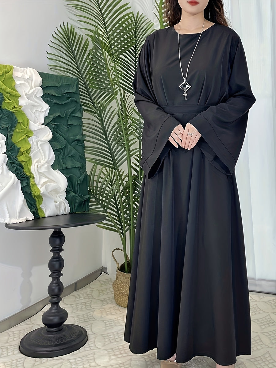 Women's Elegant Green Flared Sleeve Long Dress, Loose Fit, Versatile for All Seasons, Suitable for Home, Festive, and Traditional Attire - Black