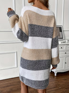 Elegant Tricolor Women'S Sweater Dress, Casual Fall Winter Sweater Dress, Women'S Clothing - Mixed colors
