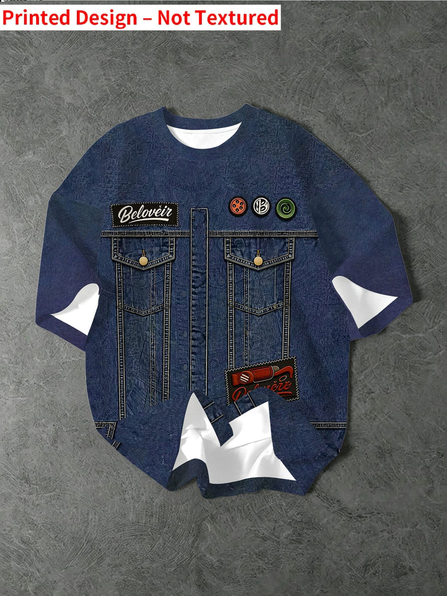 Printed Design – Not Textured New Summer Men's Short-Sleeve T-Shirt Imitation Denim Loose Versatile Crew Neck Top Trendy Casual Half-Sleeve Base Layer Shirt - Mixed colors