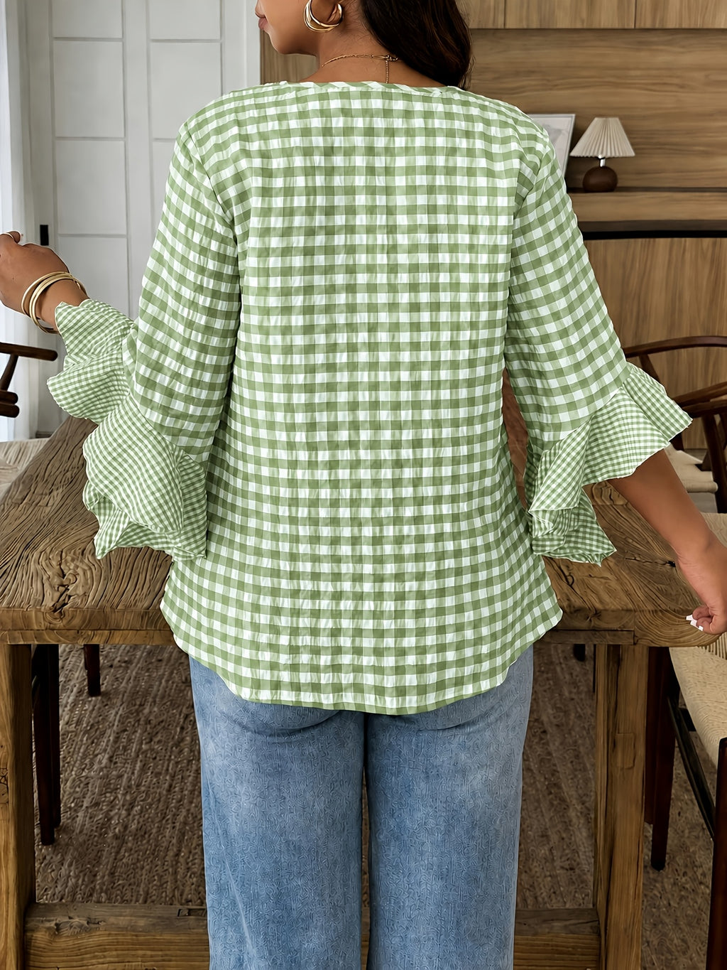 Women's Colorful Plaid Flared Sleeve Shirt for Spring, Summer, and Autumn, Casual Checkered Patchwork Shirt with Large and Small Plaid Patterns, Plaid Shirt for Vacation, Leisure, and Work Commutes - Yellow-green
