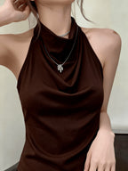 Women'S Backless Halter Neck High-Neck Vest, Elegant And Premium Fashion, Date And Party Wear; Fashionable Cami Top, Ideal for Summer, Suitable for Dates And Gatherings, Commuting, Casual Wear, Fashion, Multifunctional, Premium Look, Short Design - Dark Brown