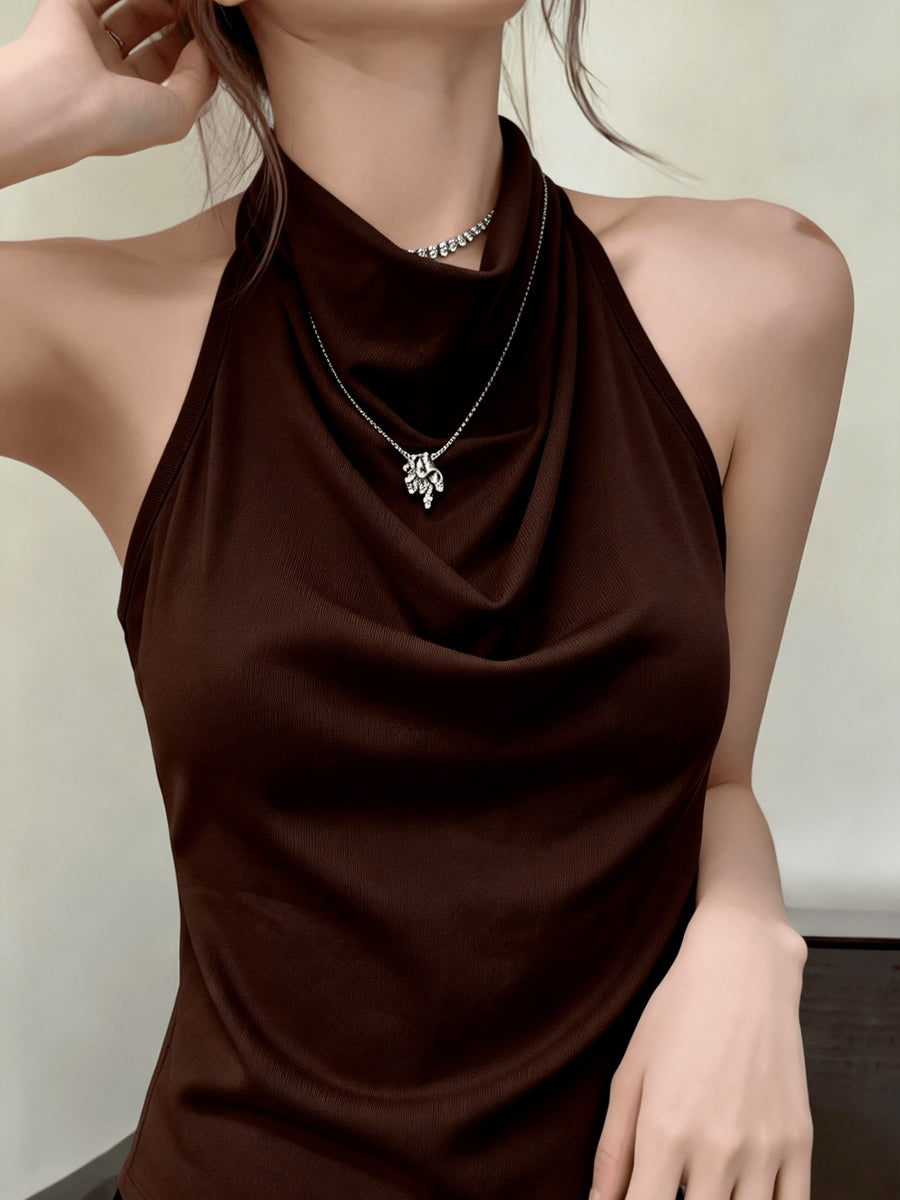 Women'S Backless Halter Neck High-Neck Vest, Elegant And Premium Fashion, Date And Party Wear; Fashionable Cami Top, Ideal for Summer, Suitable for Dates And Gatherings, Commuting, Casual Wear, Fashion, Multifunctional, Premium Look, Short Design - Dark Brown
