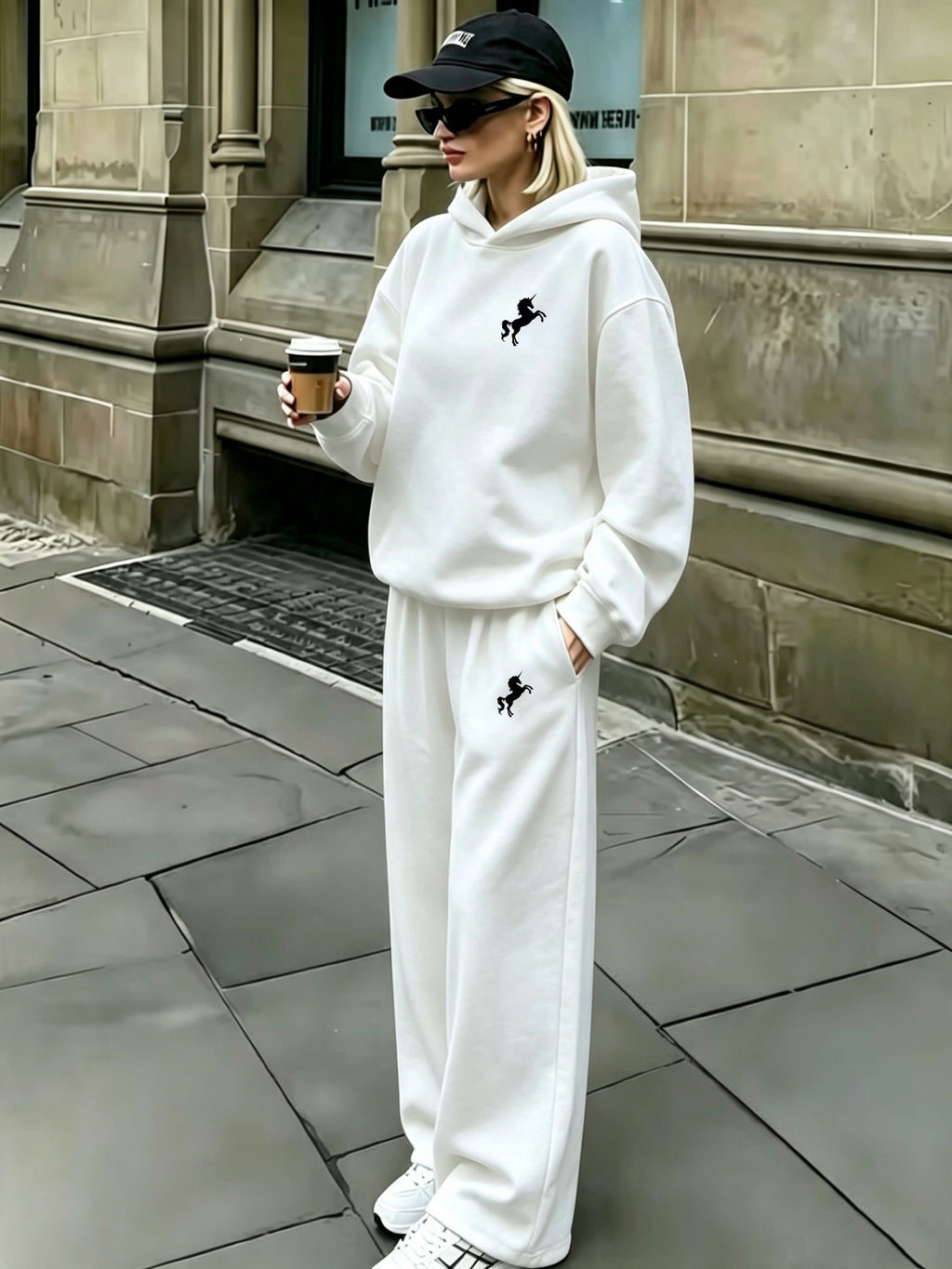Easy Cool Unicorn Silhouette Print Hoodie And Pants Set, Matching Small Pattern Design, Loose And Relaxed Fit, Comfortable Fabric, Casual Street Style Women'S Leisure Two-Piece Set - White+White